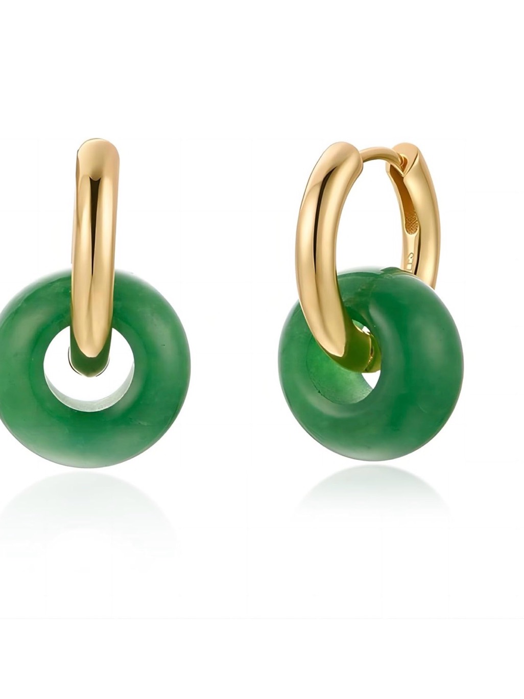 Gold Hoop Earrings With Green Jade Donut Drops